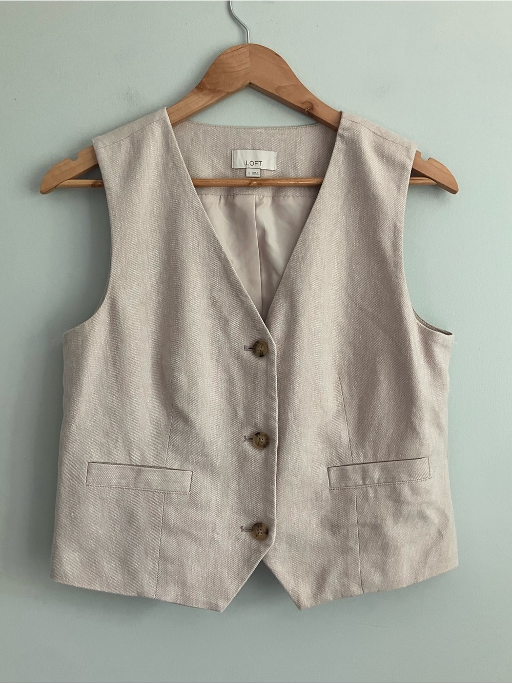 LOFT Light Tan Cotton and Linen Blend Boxy Vest Size S